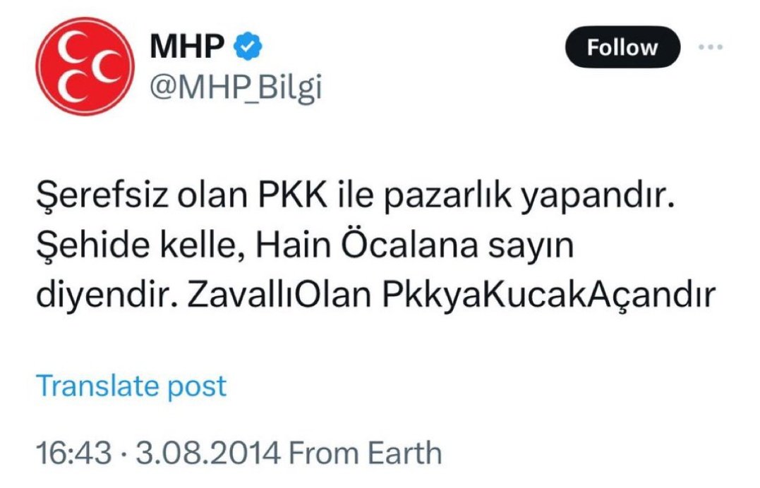 Daha bir kaç yıl önce...

"Sn.Mansur Yavaş seçimi kazanırsa su sayaçlarını PKK'lılar okumaya gelecek" dememişler miydi?

Bugün ise...

Sn.Devlet Bahçeli;

"MHP Heyeti, İmralı'ya Gitmeye Hazırdır!" dedi.

Nereden Nereye?