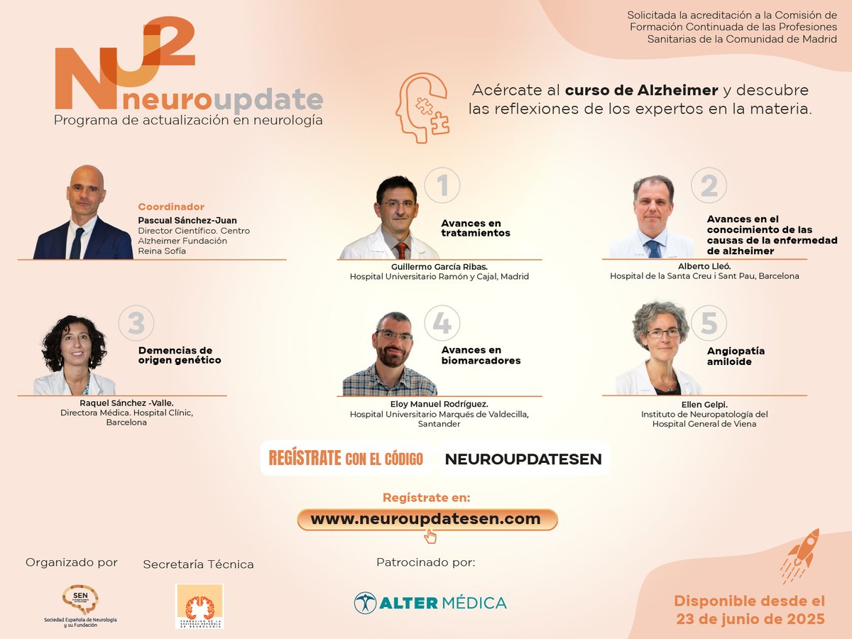 La SEN lanza NeuroUpdate #Alzheimer, un programa formativo de actualización en #Neurología, dirigida a neurólogos y residentes. Más info en:  ow.ly/ocQV50XlL8m  
Regístrate en ow.ly/AvY150XlL8o
