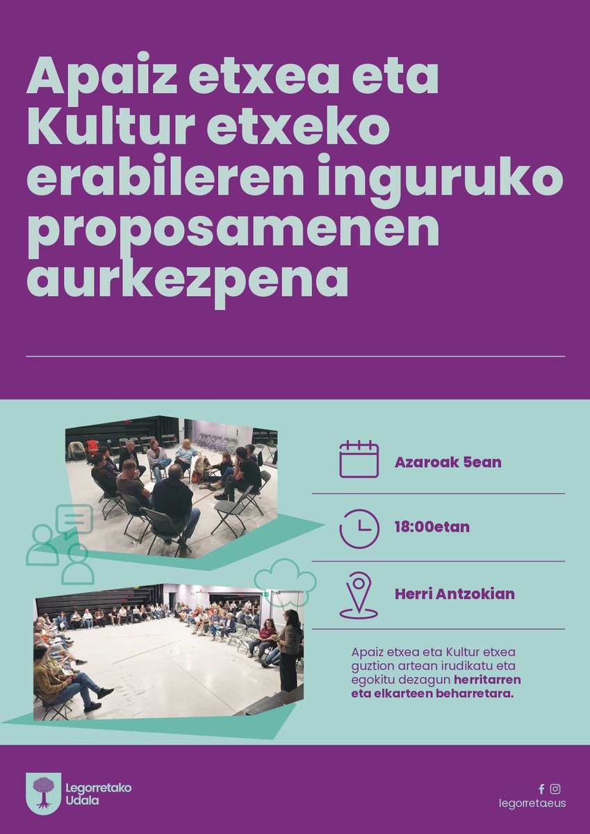 📍 Apaiz etxea eta Kultur etxeko erabileren inguruko proposamenen aurkezpena.

ℹ️ labur.eus/fw0bwgij

#Legorreta