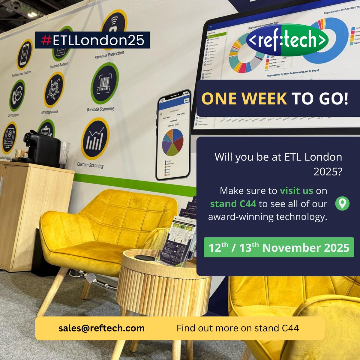 RefTechnology's tweet image. One Week To Go📅

We’re counting down the days to Event Tech Live 2025, but have you registered yet? We’ll be exhibiting at #ETLLondon25 with our award-winning technology and our expert team on the stand with us.

Come to see us on stand C44...

#EventTech #Exhibition #RefTech