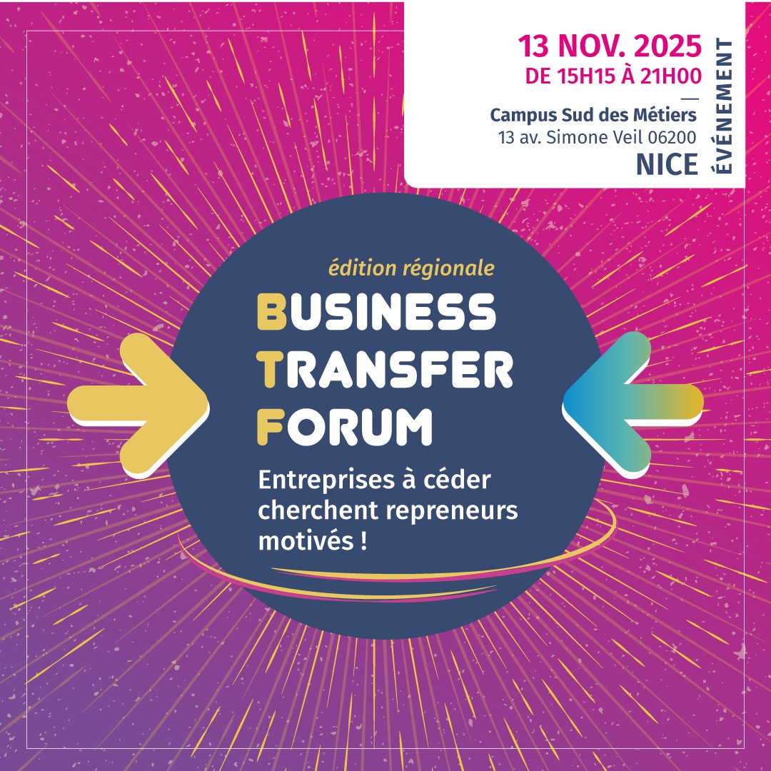 [INVITATION PRESSE  #CCI06] J-10 pour le  𝗕𝗨𝗦𝗜𝗡𝗘𝗦𝗦 𝗧𝗥𝗔𝗡𝗦𝗙𝗘𝗥 𝗙𝗢𝗥𝗨𝗠, le rendez-vous de transmission/reprise pour élargir le champ des opportunités  le🗓️13/11 au <a href="/CampusSudMetier/">Campus Sud des Métiers</a> avec  <a href="/CCIcotedazur/">CCI Nice Côte d'Azur</a>
🪩cote-azur.cci.fr/espace-presse/…