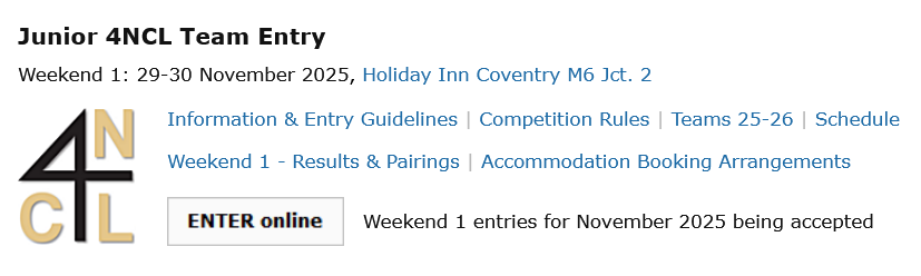Junior 4NCL, 2025-26 - Weekend 1 takes place later this month 29-30 November 2025 at Holiday Inn Coventry - all the details on how to enter etc at 4ncl.co.uk/j4ncl/jn_entry…