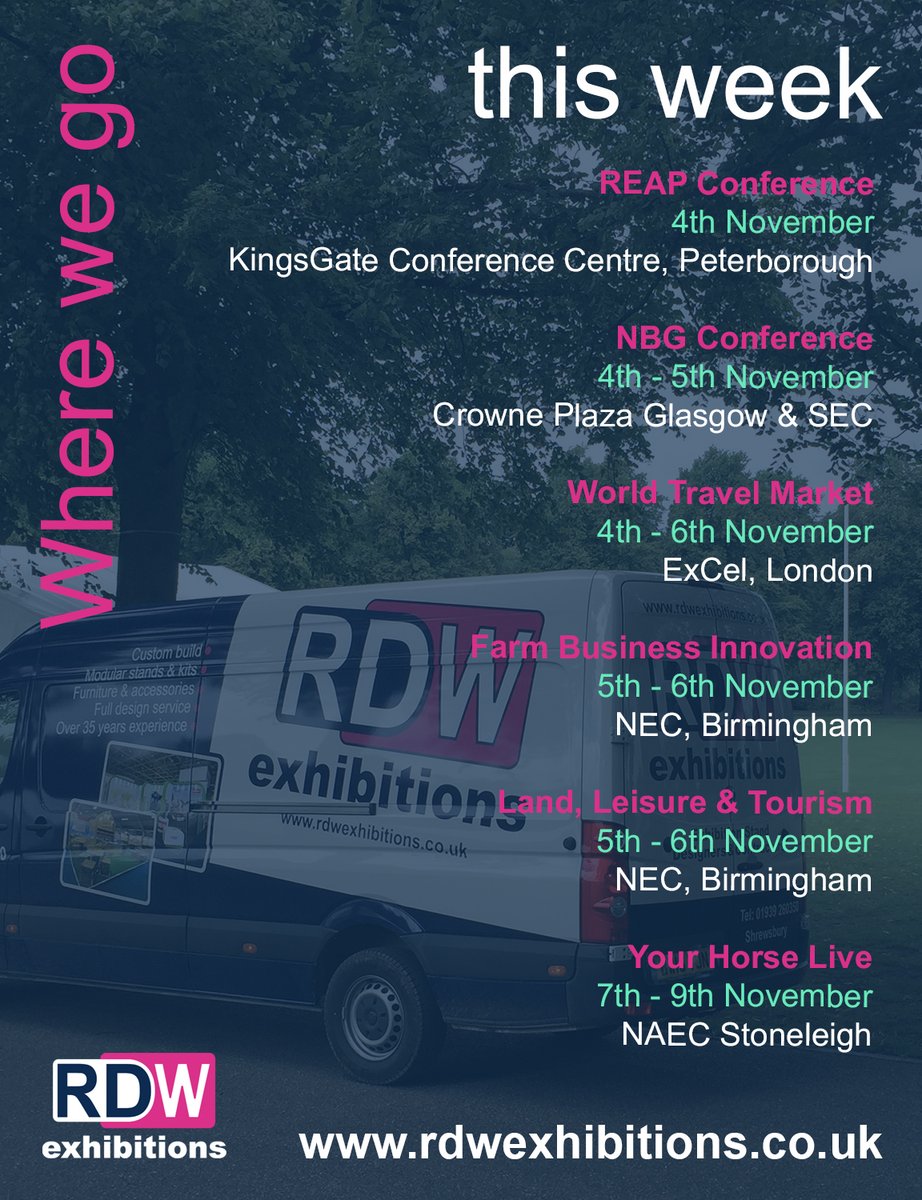 Our show schedule this week! 

#RDWExhibitions #EventPlanning #ExhibitionLife #UKEvents #BusinessEvents #EventProfessionals #TradeShowsUK #EventIndustry #WhereWeGo