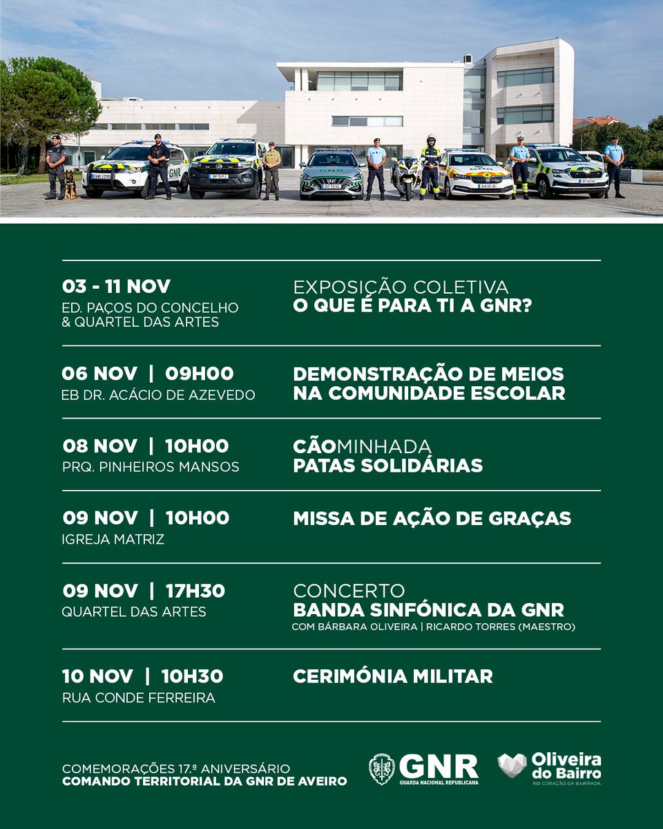 O Comando Territorial de Aveiro da #GNR está a celebrar o seu 17.º Aniversário.

#OliveiradoBairro foi o Concelho escolhido para ser palco de uma série de atividades de caráter militar, cultural e social, de forma a dar a conhecer a importante missão que a Guarda desenvolve.