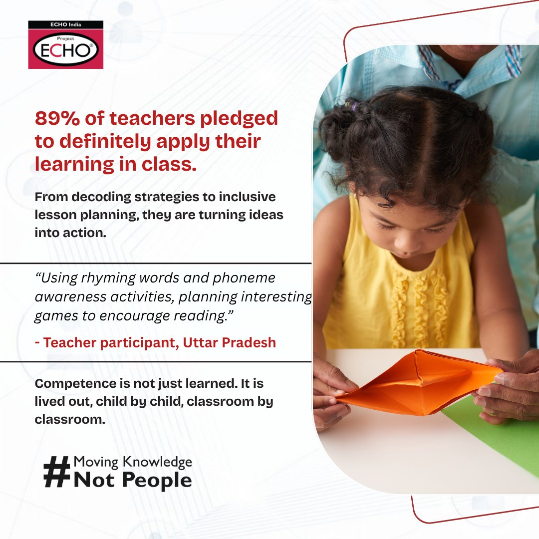 ECHOIndiaTrust's tweet image. Success isn’t just about learning - it’s about action. In the #EarlyLiteracyECHO, teachers turned insights into practice, reshaping classrooms to help every child flourish. Real progress is not a promise, it’s practice.
#MovingKnowledgeNotPeople #AllTeachAllLearn