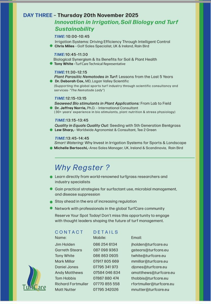 TURFCARE SEMINARS Free educational seminars!! Listen to industry leading experts discussing all aspects of turf management. From Tuesday 18th to Thursday 20th November.  Register today   turfcare.eu/turfcare-virtu…
<a href="/TurfCare_IRL_UK/">TurfCare</a>