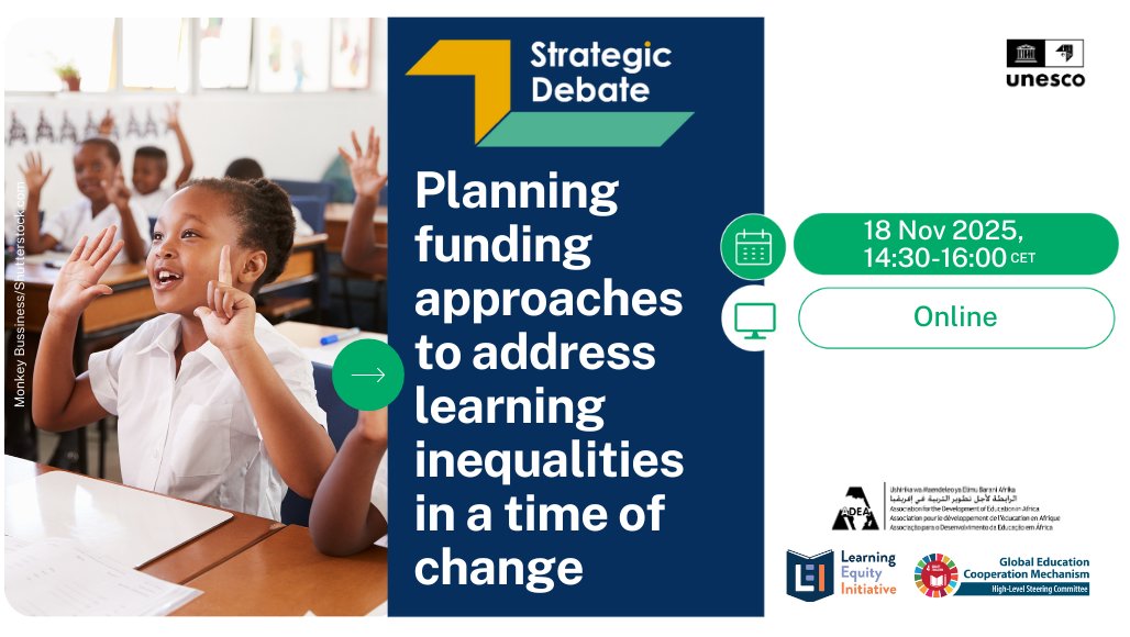 Register now for the #StrategicDebate #4: Planning funding approaches to address learning inequalities in a time of change.
🗓️18 November
🔗Register: lnkd.in/ebVzaYJ3

🤝In partnership with <a href="/IIEP_UNESCO/">IIEP-UNESCO</a>, <a href="/ADEAnet/">ADEA</a> &amp; the Learning Equity Initiative

#StrategicDebate