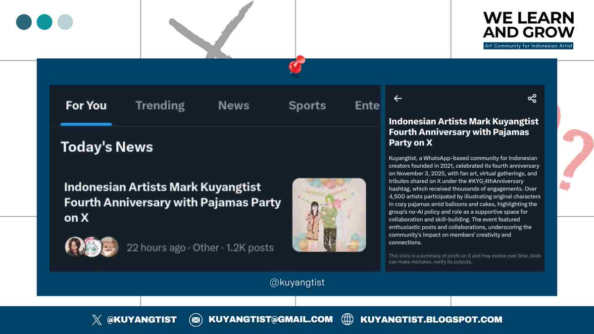 Halo semua!

Disini admin mau mengucapkan terima kasih kepada kalian semua tanpa terkecuali yang sudah meramaikan project anniversary kemarin. Project kemarin sampai masuk "Today's News" di kolom pencarian X lho! 

Terima kasih, see you di next anniversary!

#KYG_4thAnniversary