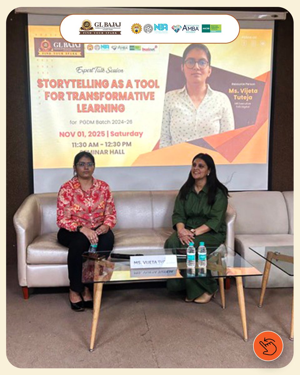 glbajajimr's tweet image. Great stories don’t just inspire — they transform. 🌟

GLBIMR organized an insightful session on “Storytelling as a Tool for Transformative Learning” with Ms. Vijeta Tuteja, HR Executive at TV9, for our PGDM HR specialization students.
#GLBIMR #TransformativeLearning #Story