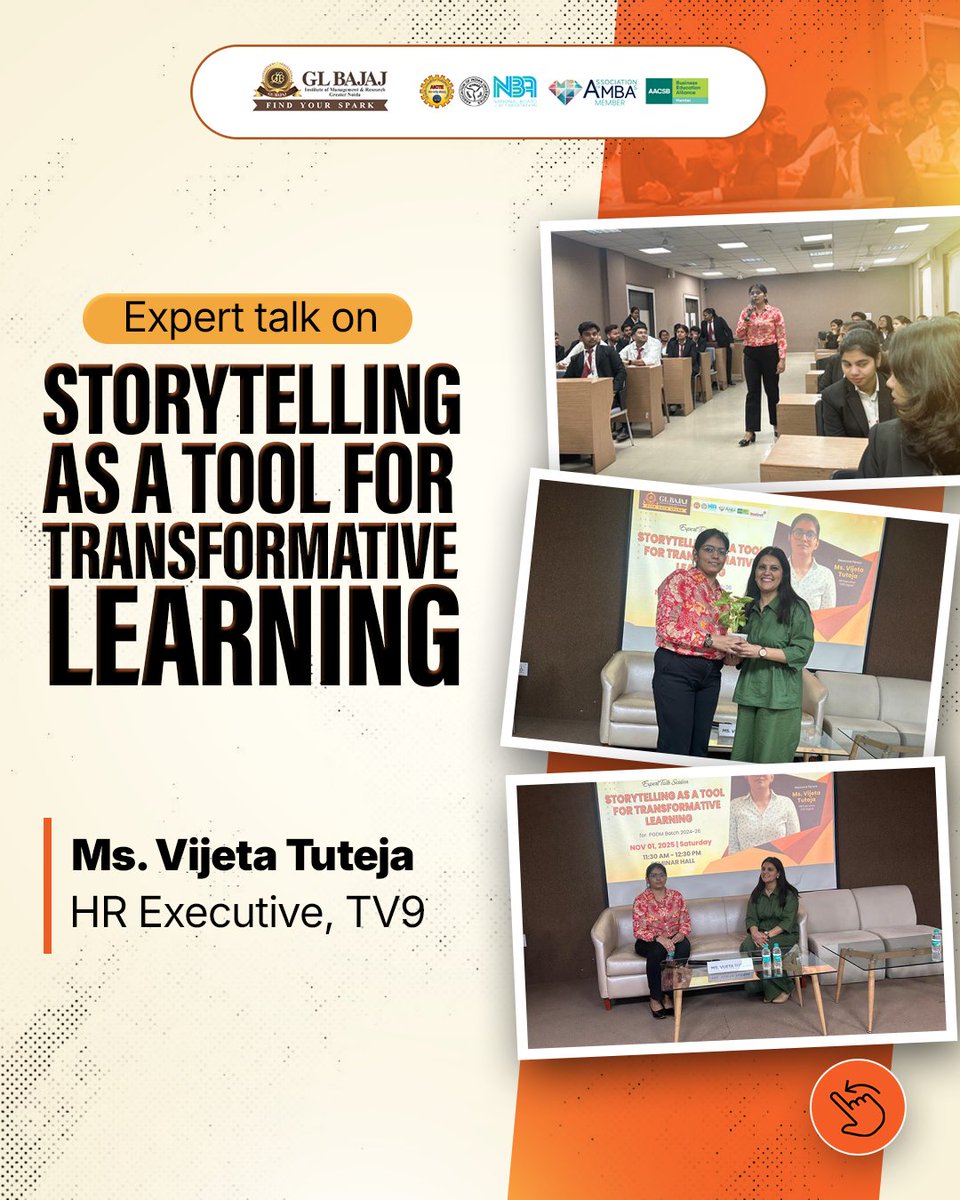 glbajajimr's tweet image. Great stories don’t just inspire — they transform. 🌟

GLBIMR organized an insightful session on “Storytelling as a Tool for Transformative Learning” with Ms. Vijeta Tuteja, HR Executive at TV9, for our PGDM HR specialization students.
#GLBIMR #TransformativeLearning #Story