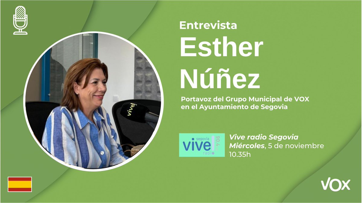 📻 Nuestra portavoz en el Ayuntamiento de Segovia, <a href="/EstherN32015296/">esthersegoviavox</a> , mañana estará en los micrófonos de <a href="/viveradio_seg/">Vive Radio Segovia</a> para hablar del ultimo pleno municipal
 
🕔 10:35h. 
📅 miércoles, 5 de noviembre   

No te lo pierdas 👇
viveradio.es/viveSegovia