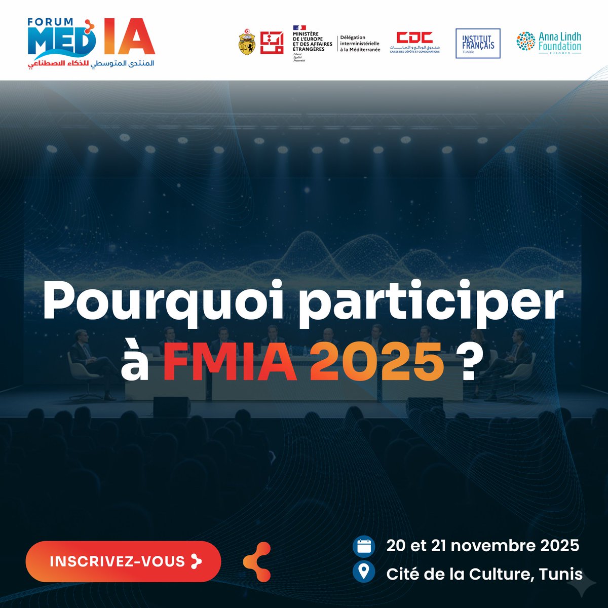 FMIA2025's tweet photo. 🤖 𝗙𝗢𝗥𝗨𝗠 𝗠𝗘́𝗗𝗜𝗧𝗘𝗥𝗥𝗔𝗡𝗘́𝗘𝗡 𝗗𝗘 𝗟'𝗜𝗔 𝟮𝟬𝟮𝟱

𝗣𝗼𝘂𝗿𝗾𝘂𝗼𝗶 𝘆 𝗽𝗮𝗿𝘁𝗶𝗰𝗶𝗽𝗲𝗿 ?

Cette  deuxième édition du Forum méditerranéen de l’intelligence artificielle ambitionne de 𝘀𝘁𝗿𝘂𝗰𝘁𝘂𝗿𝗲𝗿 𝗹’𝗲́𝗰𝗼𝘀𝘆𝘀𝘁𝗲̀𝗺𝗲 𝗜𝗔 𝗲𝗻 𝗠𝗲́𝗱𝗶𝘁𝗲𝗿𝗿𝗮𝗻𝗲́𝗲 et de créer une véritable communauté méditerranéenne de l’IA avec  𝘀𝘁𝗮𝗿𝘁𝘂𝗽𝘀 𝗲𝘁 𝗴𝗿𝗮𝗻𝗱𝗲𝘀 𝗲𝗻𝘁𝗿𝗲𝗽𝗿𝗶𝘀𝗲𝘀 de l’IA, les 𝗶𝗻𝗰𝘂𝗯𝗮𝘁𝗲𝘂𝗿𝘀, les 𝗶𝗻𝘃𝗲𝘀𝘁𝗶𝘀𝘀𝗲𝘂𝗿𝘀 et les banques de développement, les 𝗰𝗵𝗲𝗿𝗰𝗵𝗲𝘂𝗿𝘀, les organisations internationales et les décideurs publics pour répondre à la question centrale  : « quelles solutions l’IA peut-elle apporter aux grands défis méditerranéens ? »

📅 20 & 21 novembre 2025
📍 Cité de la Culture, Tunis

Ne tardez pas, les places sont limitées ! 👉 https://t.co/jQtT5jtWV5 
#FMIA2025 #AI #technology #future #mediterranean