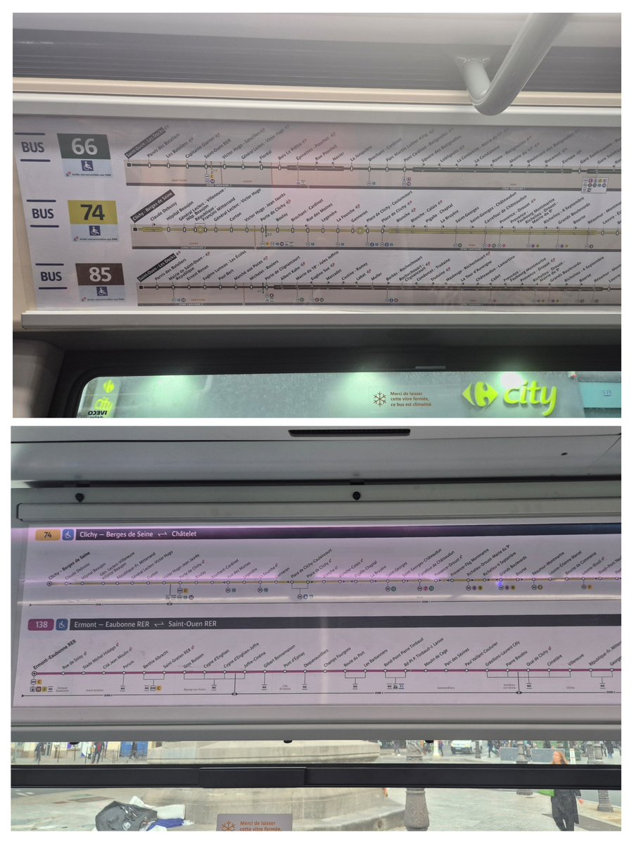 PoteletParisien's tweet image. 🚍ℹ️ | Plans de ligne à bord ont changé : 2 lignes par planche, 5 planches au total !
La lisibilité y gagne, mais on perd en richesse graphique : fond blanc uniforme, plus de sites historiques, ni rails, périphérique, Seine qui sont des repères pourtant très utiles pour touristes