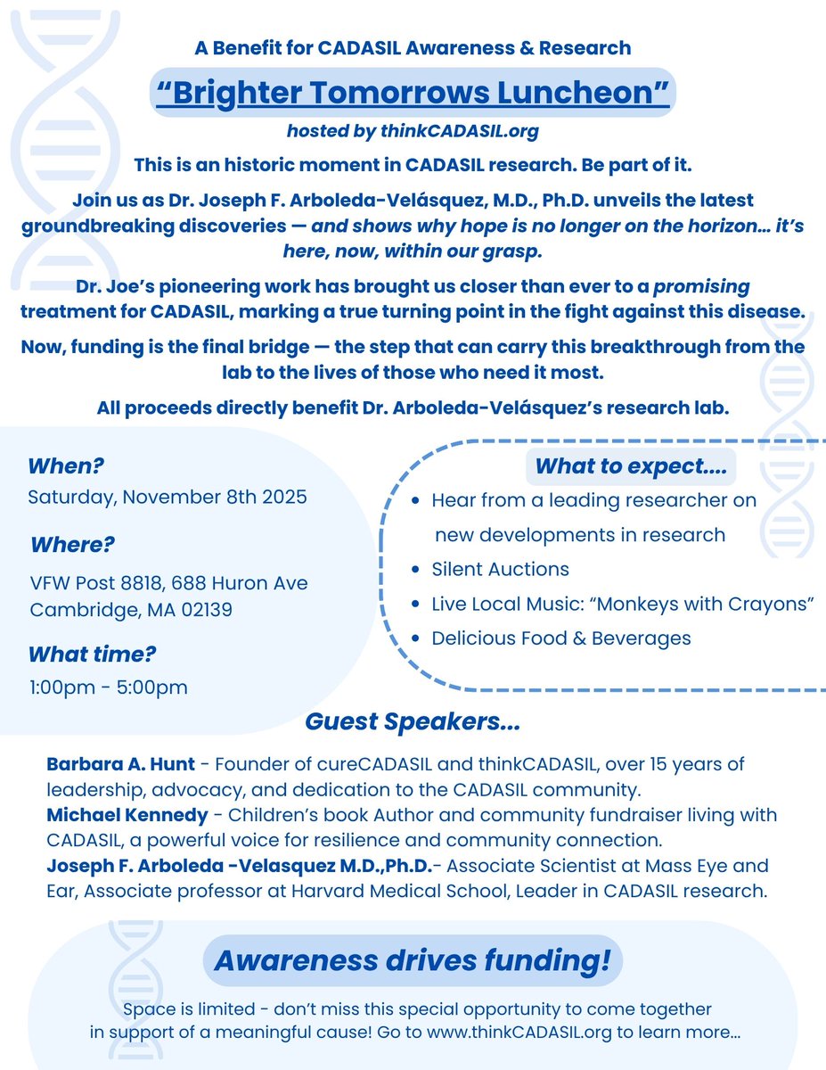 Brighter Tomorrows Luncheon is this Saturday, November 8th! 📷
Thank you to everyone who has bought a ticket, bid on an auction item, or made a donation—your generosity is changing lives for people living with CADASIL. There is still time to join us:
thinkcadasil.org/fundraiser-inf…
