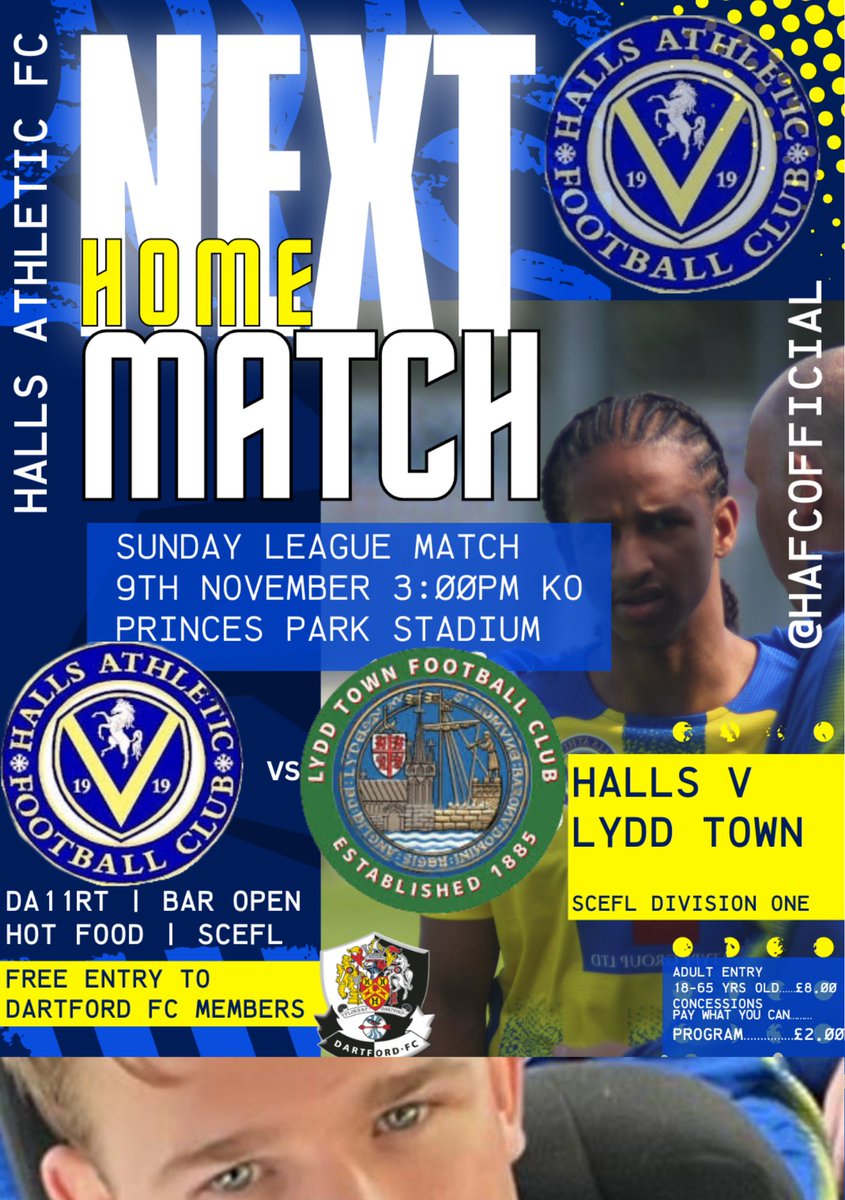 Halls First Team play Sunday afternoon this weekend v <a href="/lyddtownfc/">Lydd Town FC</a> <a href="/SCEFLeague/">Presence & Co. SCEFL League</a> 
3pm KO / £8 entry, Concessions = pay what you can / DA11RT <a href="/dartfordfc/">Dartford FC</a> Car Park / Great Hot Food, Beautiful Bar - Sunday matches on etc. #nonleague <a href="/KENTSPORTSNEWS/">KENT SPORTS NEWS</a> <a href="/KentFootieForum/">KentFootballForum</a> <a href="/NLChairman/">@Non League Chairman</a>