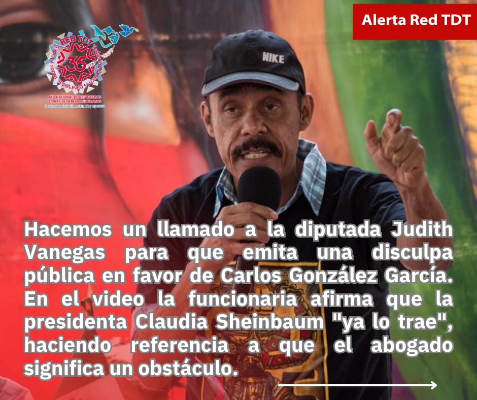 🚨Alerta Red TDT| En recientes días el defensor de la tierra y territorio, Carlos González García, fue amenazado por una diputada de MORENA. Manifestamos nuestra preocupación ante sus declaraciones que ponen en riesgo al abogado 👇

(1/2) 🧵