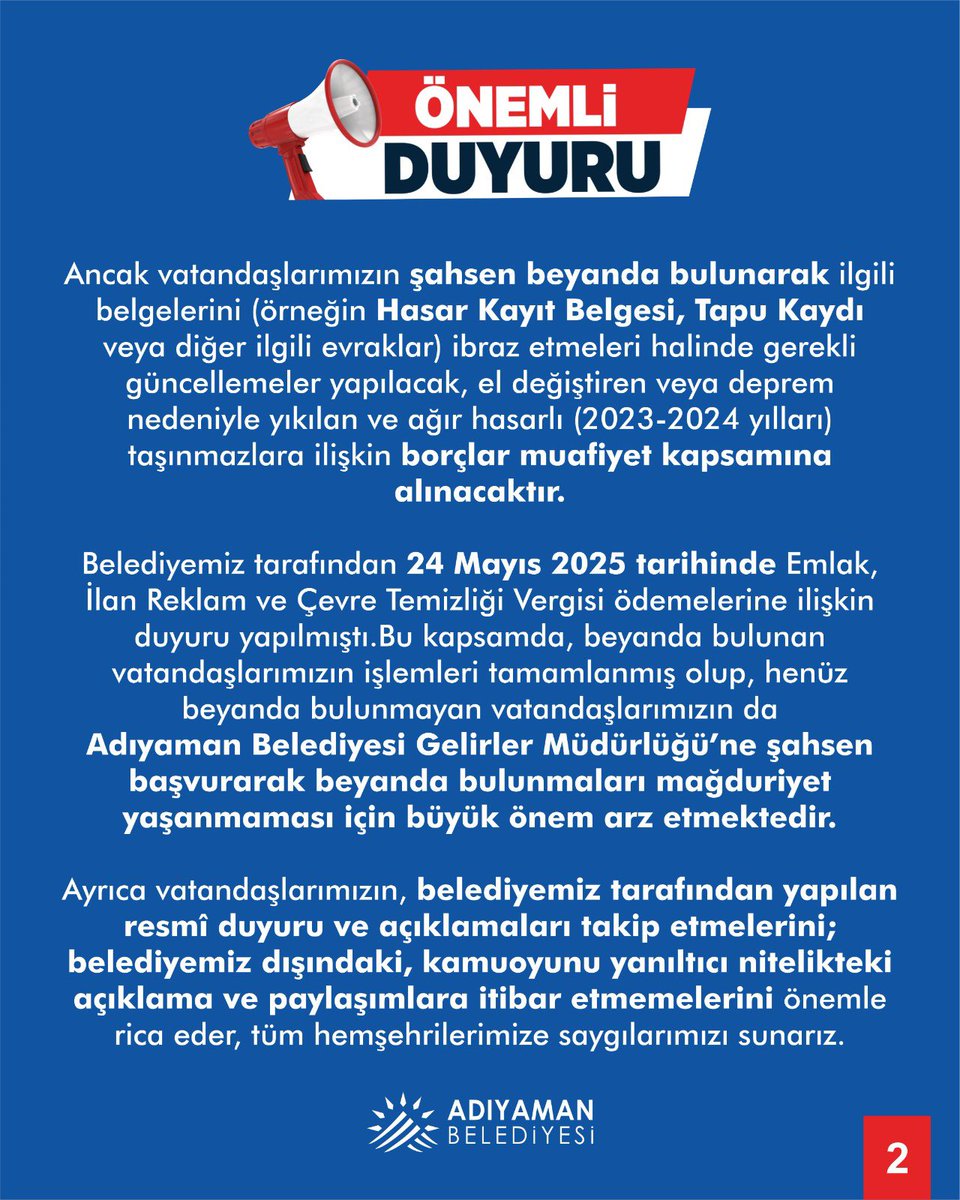 DUYURU

Kıymetli Hemşehrilerimiz,

Bugün itibarıyla sistemimizde kayıtlı birçok vatandaşımıza; Emlak, Su, İlan-Reklam, Çevre Temizlik Vergisi (ÇTV) ile Genel Tahsilat Takip (GTT) kapsamında yer alan cezalar, işgaliyeler, pazar yeri ücretleri gibi borçlara ilişkin VATANDAŞLARIMIZI