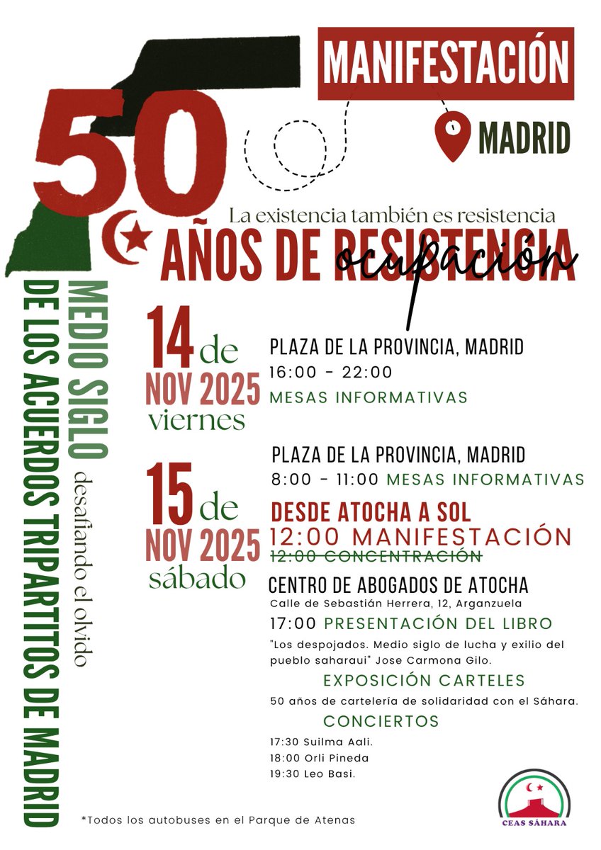 50 años de Resistencia del Pueblo Saharaui que daremos voz el 14 y el 15 de noviembre en Madrid.  Contra la ocupación, la violación de los derechos humanos y por un referéndum que devuelva su tierra al pueblo saharaui.