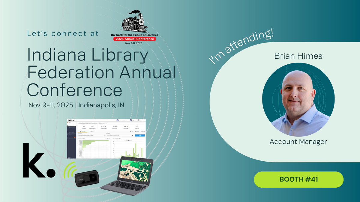 Kajeet's tweet image. Excited to share that Kajeet is exhibiting at the Indiana Library Federation Annual Conference kicking off this weekend! 📚✨

Stop by booth #41 to explore connectivity solutions that advance digital equity for every patron. hubs.ly/Q03Rsf1G0