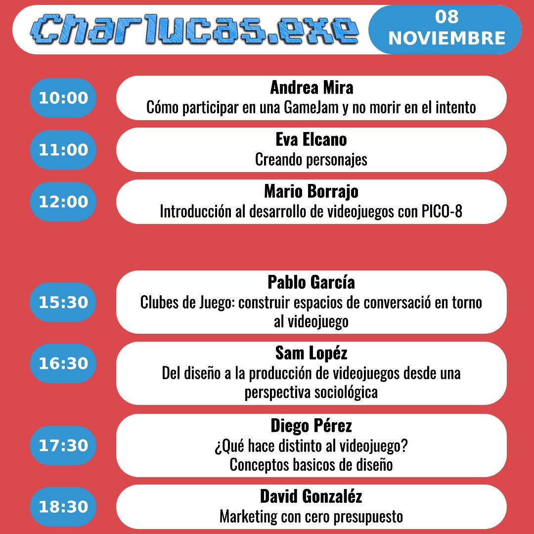 ¡Y aquí está el horario definitivo de las charlas y talleres del Charlucas.exe!

Ya no queda casi nada. Nos vemos este sábado 8 en el Espacio Joven, en Santander.