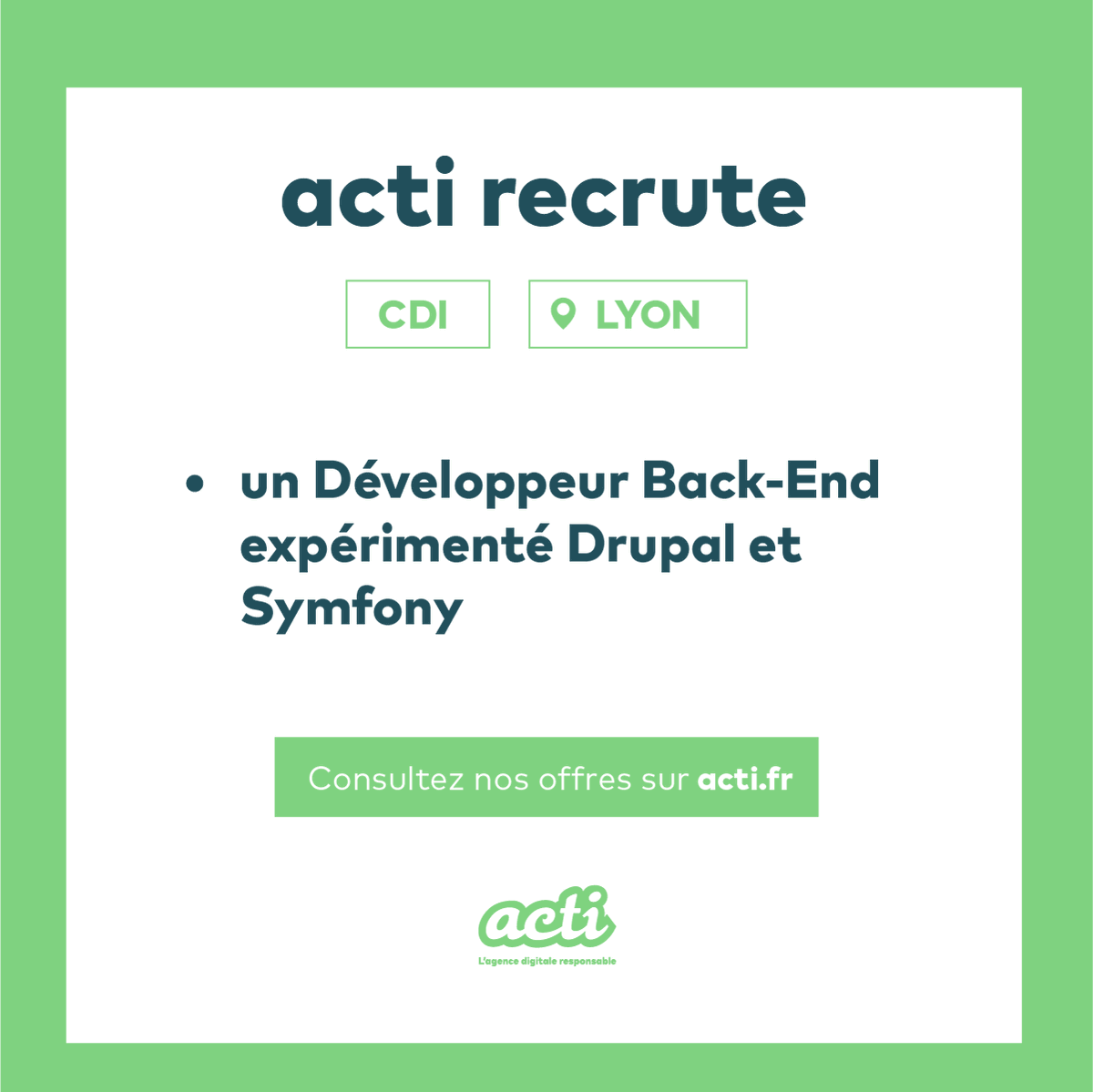 👨‍💻 acti recrute un·e Développeur·se Back-end Symfony / Drupal expérimenté·e 

📍 CDI en agence – Lyon 7

🔗 fr.indeed.com/job/d%C3%A9vel…