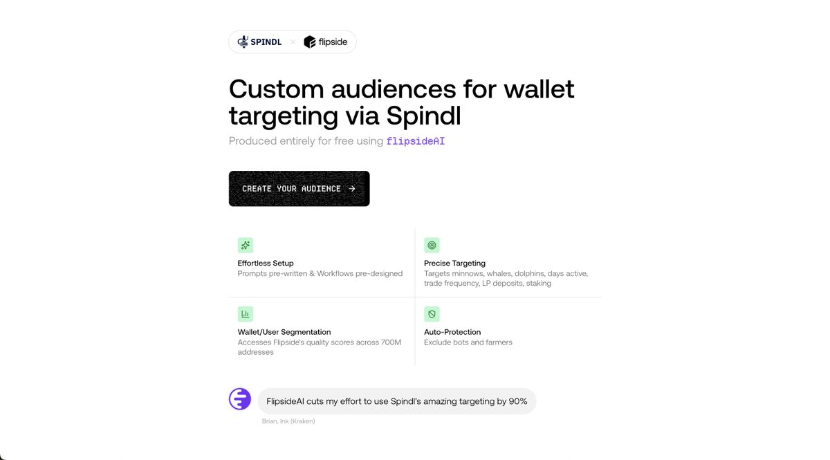 flipsidecrypto's tweet image. 🎯 Introducing the Wallet Targeting Agent for @spindl_xyz

Who are your most valuable users? Which wallets should you target for your next campaign?

These questions no longer require weeks of analysis. Wallet targeting is now ridiculously simple.

spindl.flipside.chat
↓