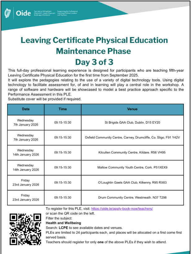 Professional learning for PE teachers new to teaching LCPE, is provided by Oide post-primary PE team. See attached flyer for LCPE Maintenance Phase Day 3 for all relevant information. This event is now live for registration on ⬇️ oide.ie/apply-book-now…