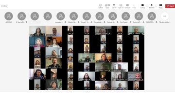 Multiple screenshots of virtual meeting interfaces displaying grids of participants faces in professional settings some wearing headscarves others in formal attire with shared screens and participant lists visible including names like Yusuf Tekin and tcmeb elements. The images show diverse group of educators and officials engaged in webinars focused on educational accreditation programs. Backgrounds include bookshelves and neutral rooms. No external platform watermarks present.