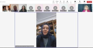 Multiple screenshots of virtual meeting interfaces displaying grids of participants faces in professional settings some wearing headscarves others in formal attire with shared screens and participant lists visible including names like Yusuf Tekin and tcmeb elements. The images show diverse group of educators and officials engaged in webinars focused on educational accreditation programs. Backgrounds include bookshelves and neutral rooms. No external platform watermarks present.