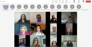 Multiple screenshots of virtual meeting interfaces displaying grids of participants faces in professional settings some wearing headscarves others in formal attire with shared screens and participant lists visible including names like Yusuf Tekin and tcmeb elements. The images show diverse group of educators and officials engaged in webinars focused on educational accreditation programs. Backgrounds include bookshelves and neutral rooms. No external platform watermarks present.