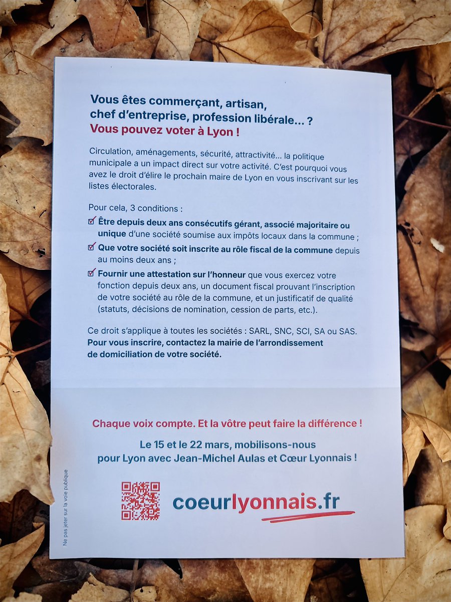bdemontille's tweet image. Vous êtes artisan, commerçant ou vous exercez une profession libérale à Lyon ? 

Saviez-vous que même si vous n’habitez pas à Lyon, vous pouvez voter à Lyon et choisir le prochain Maire. 

Voici la marche à suivre pour s’inscrire sur les listes électorales ⬇️