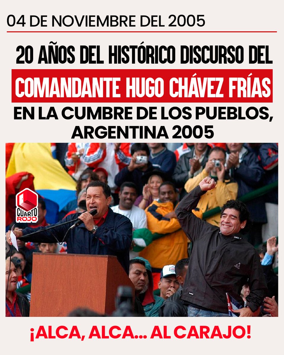 ElCuartoRoj0's tweet image. #Efemerides ¡ALCA, ALCArajo! 

Hace 20 años del Histórico Discurso del Comandante Hugo Chávez Frías que enterraría el mecanismo neoliberal en los pueblos del sur. 

#ALCA #chavezsomostodos #Venezuela
