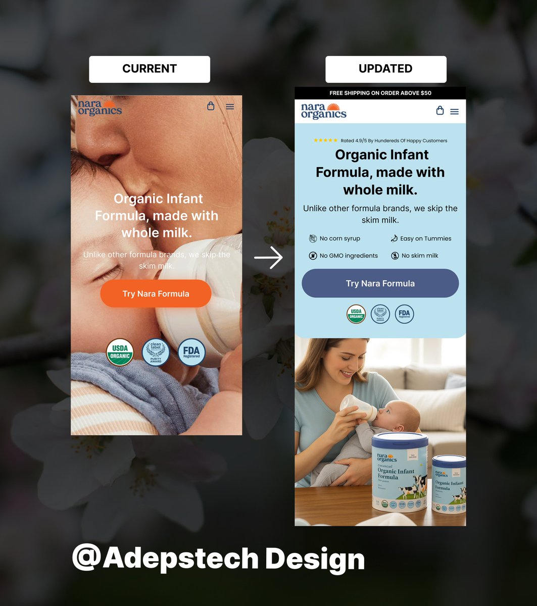 AdepsTech's tweet image. Before vs After of @NaraOrganics hero section @figma 

Before:
–Product not displayed
– No clear benefits
– Zero clarity

After:
✅ Benefit driven headline
✅ Clear product benefits
✅ Strong CTA

Design for trust → Conversion follows.

#FigmaDesign #WebDesign #redesign