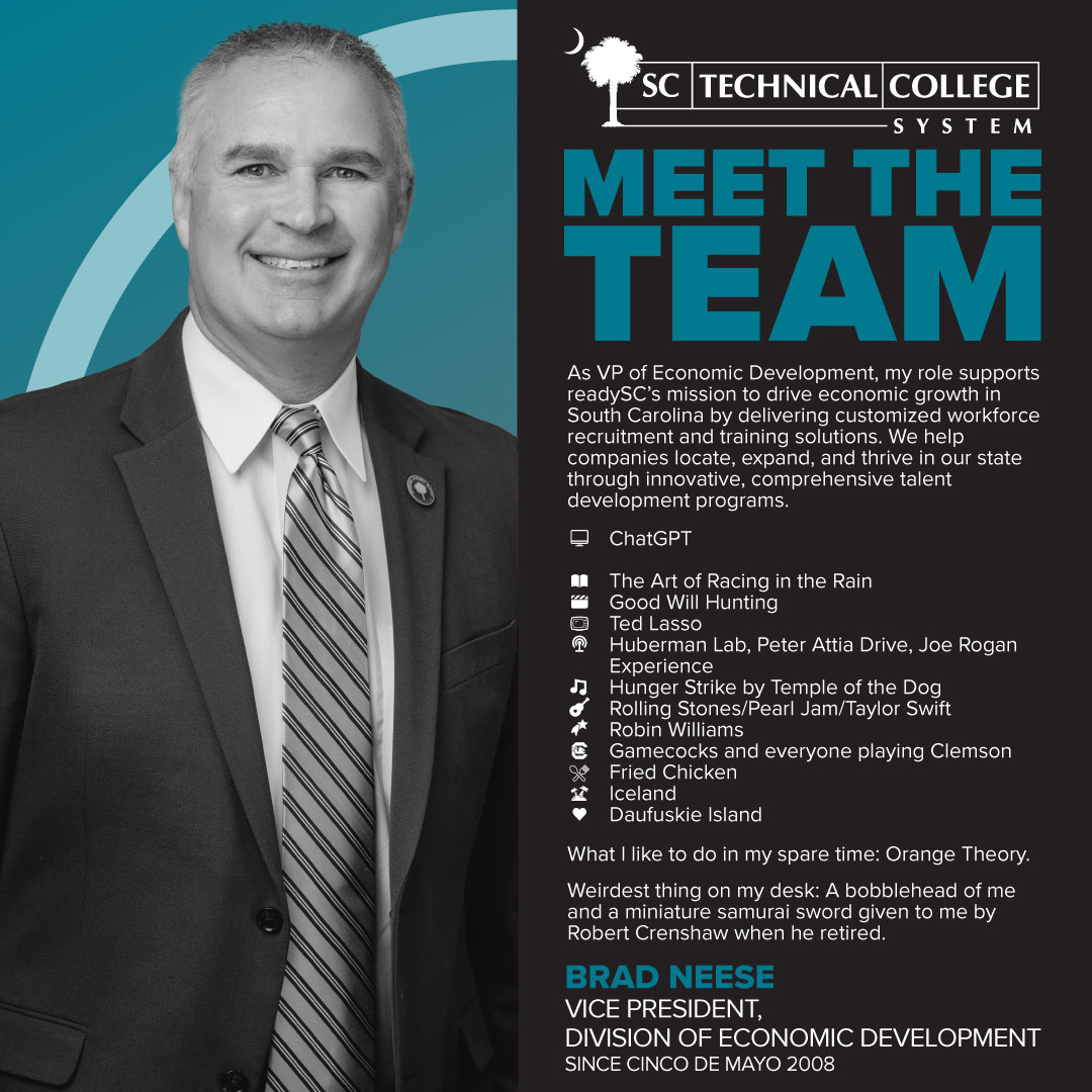 SCTechSystem's tweet image. It’s our people who set us apart. Meet the talented team ensuring affordable, accessible, and relevant career and technical education for all South Carolinians!

Presenting the Division of Economic Development Vice President, Brad Neese.

#MeetTheTeam