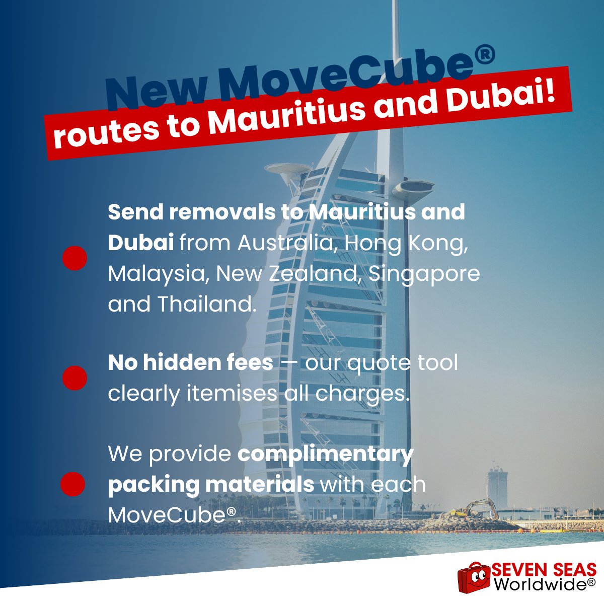 Our MoveCube® service now ships to Mauritius and Dubai from Australia, Hong Kong, Malaysia, New Zealand, Singapore and Thailand! Whether you’re relocating to sunny shores or a buzzing city, we make international moves easy👉 account.sevenseasworldwide.com/getquote
#internationalremovals
