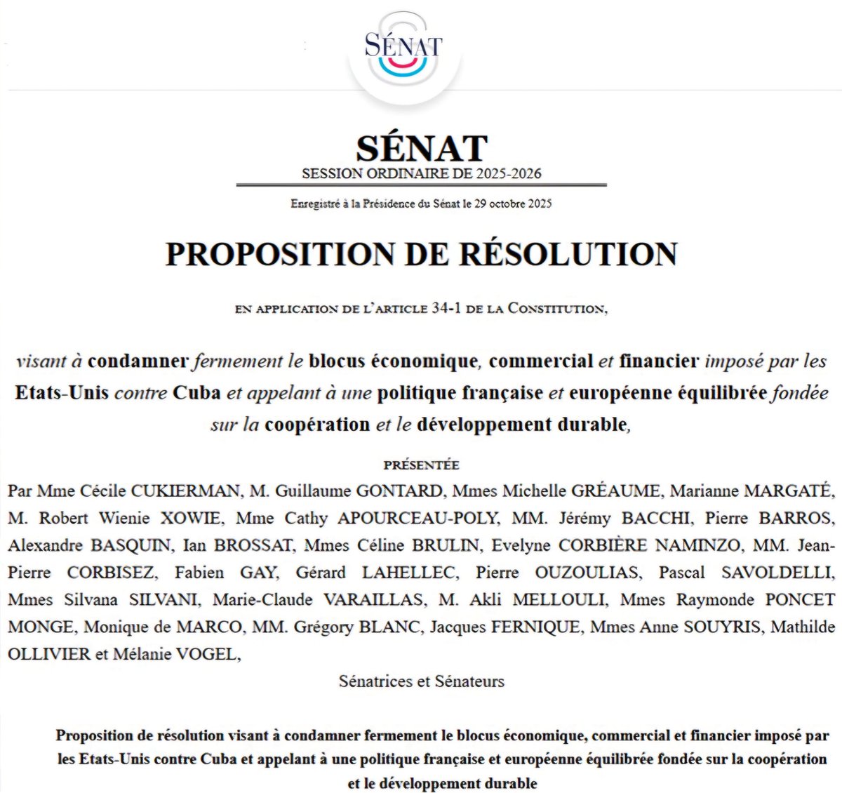 🇨🇺🇫🇷Senadores franceses condenan el bloqueo a Cuba

27 integrantes de los grupos Comunista y Ecologista del Senado, presentaron en esa instancia un proyecto de resolución para condenar el bloqueo de EE.UU contra Cuba.

🔗misiones.cubaminrex.cu/es/articulo/se…

#TumbaElBloqueo <a href="/cubavsbloqueo/">Cuba Vs Bloqueo</a>