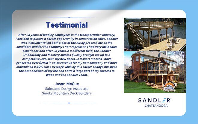 SandlerInCHA's tweet photo. Big shoutout to Jason McCue from Smoky Mountain Deck Builders LLC! 🙌 Thanks for the feedback! 
https://t.co/psKHCjvn1h 
Your journey is such an inspiring example of how dedication and the right guidance can lead to incredible success in a whole new field. https://t.co/AHNYIVutCC