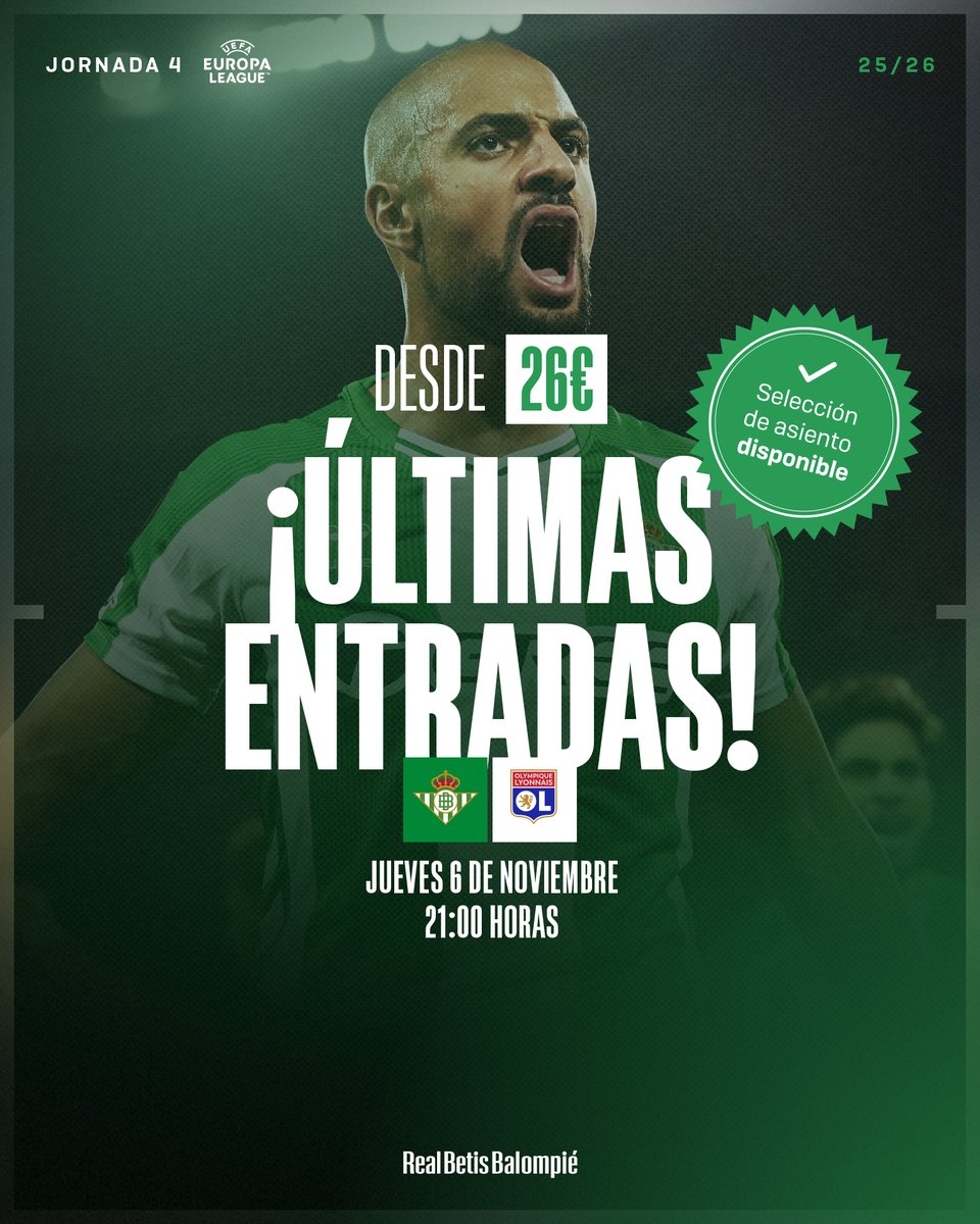 ¡Va a ser un partido muy importante y os vamos a necesitar! 🏡🇪🇺

No dejes pasar el tiempo y hazte ya con tus entradas para el #RealBetisOL 🎫⚽

➡️ rbbsms.es/0STWKH