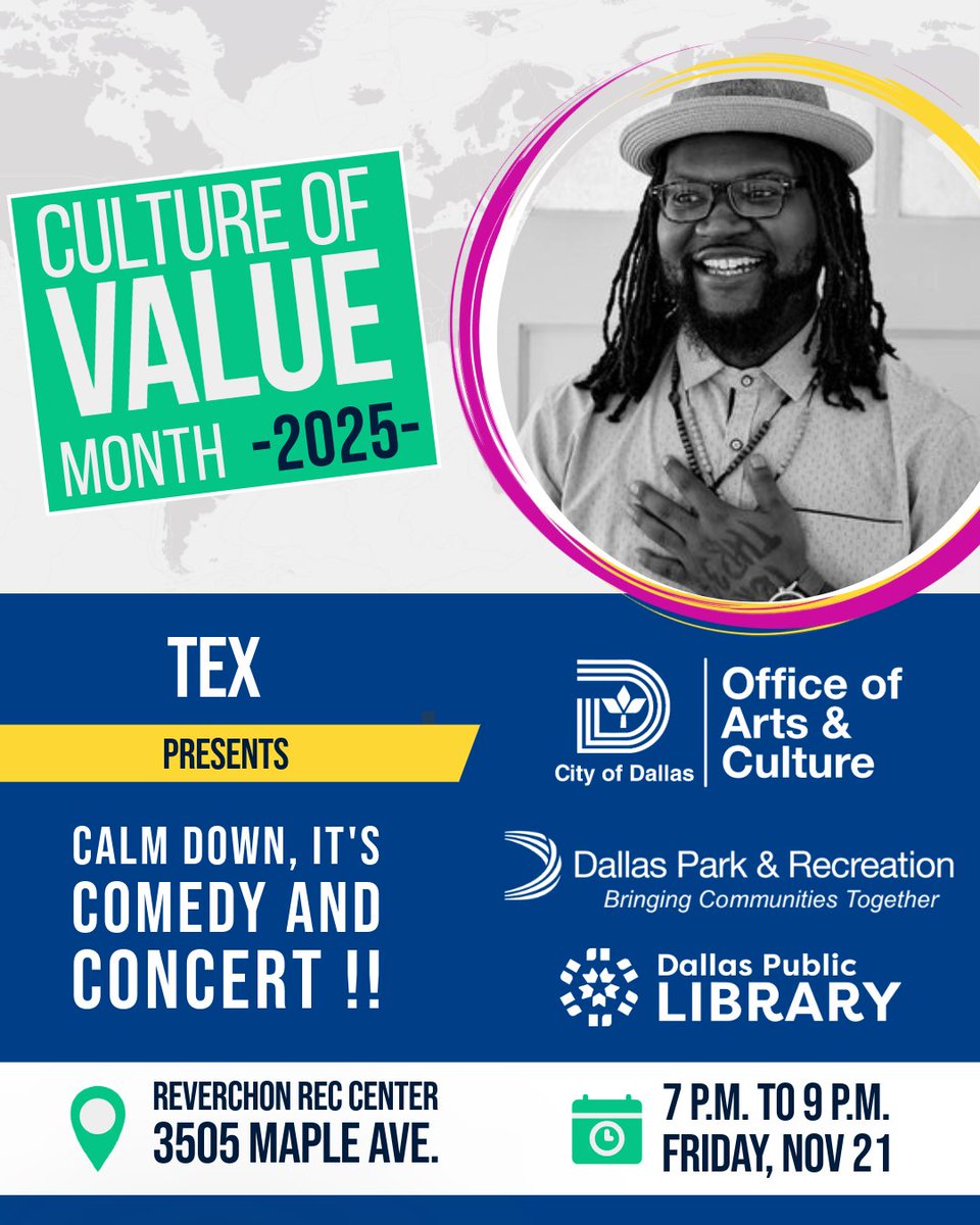 Join us for TEX Presents: “Calm Down, It’s Comedy &amp; Concert” at Reverchon Recreation Center on November 21! Brought to you by the Office of Arts &amp; Culture and Dallas Park and Recreation.

Expect big laughs, great music, and a fun night you won’t forget! 😄🎤