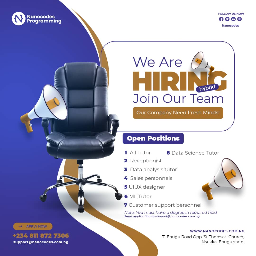 Hiring!

Nanocodes is hiring across multiple positions. If you qualify, kindly apply.

Details in the flyer.

#HiringNow 
#TechJobs 
#Nigerianjobs
#jobvacancy2025