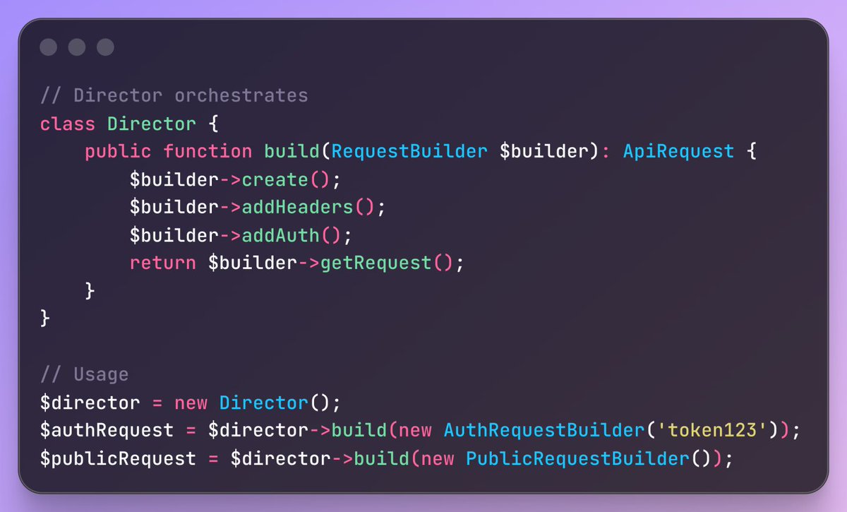 🔨 Builder Pattern = no more constructor chaos.Perfect for:

✅ Complex object assembly
✅ Multiple object variations
✅ Step-by-step construction
✅ Avoiding parameter overloadClean, flexible, maintainable 💪

#PHP