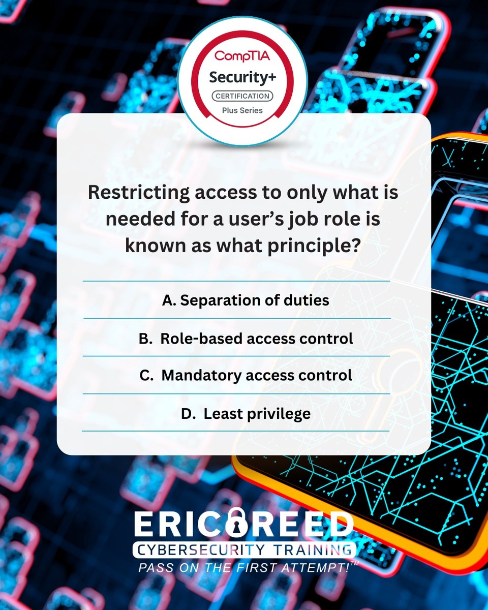 ericreedlive's tweet image. Restricting access to only what is needed for a user’s job role is known as what principle?
A. Separation of duties
B. Role-based access control
C. Mandatory access control
D. Least privilege

#CyberCommunity #TrainWithEricReed #CertificationSuccess