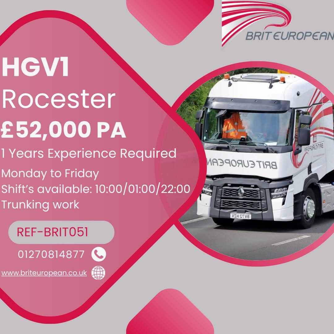 🚚 We’re Hiring: HGV Class 1 Shift Drivers 🚚
Join our team in Rocester, Uttoxeter! We have vacancies for HGV Class 1 Shift Drivers.
Apply online today at briteuropean.co.uk or call 01270 814877 quoting reference BRIT051.
Drive your career forward with us!
#HGV #hgv1drivers