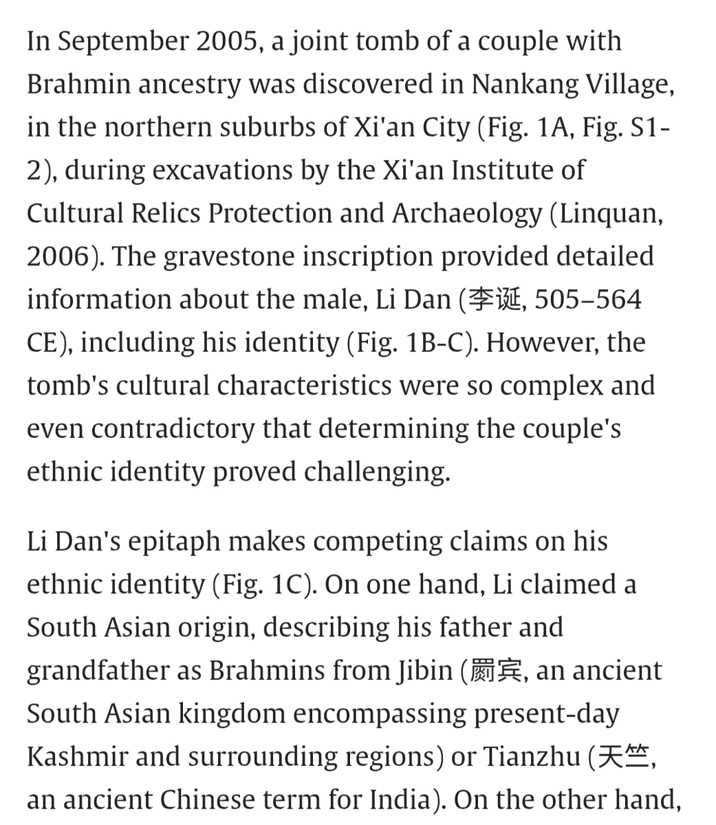 Ugra___'s tweet photo. New paper (Panxin Du et al.) analyses the genome of a 6th century Kashmiri elite Brahmin who travelled to Chang'an city in China and married a local there. His ancestry is 70% IVC, 15% Steppes, 8% excess AASI and 7% East Asian. https://t.co/zyBfOLCzQi