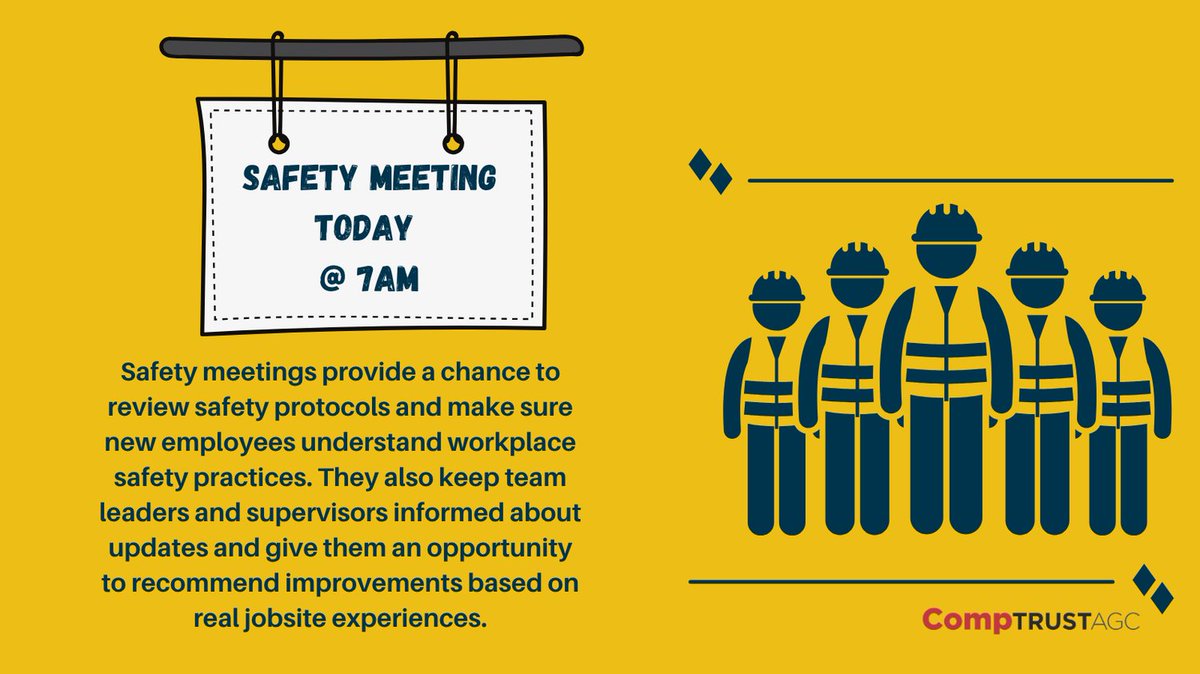 CompTrustAGC's tweet image. Safety meetings aren’t just a formality — they’re a chance to keep everyone on the same page. New team members learn essential safety practices, supervisors stay updated on changes, and the whole crew can share experiences to improve safety on the jobsite.    #WorkSafe