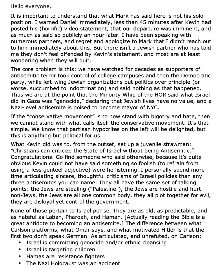AudreyFahlberg's tweet photo. NEW developments in Heritage fallout...

Rabbi Yaakov Menken, Executive Vice President for the Coalition for Jewish Values, announces his organization is resigning from Heritage's National Task Force to Combat Antisemitism

Here's a snippet from the Nov 4 resignation letter  (first reported by Free Beacon, full letter below): "Until such time as there is a complete reversal of Mr. Roberts’ position, or, alternatively, his resignation is accepted by the Heritage Board of Directors, CJV cannot be part of a program, event, or effort claiming to combat antisemitism in which the Heritage Foundation is a sponsoring partner."

Reached by phone, Menken told @NRO: “As far as Roberts’s handling of it, it's disappointing. He doesn't recognize the central issue to us. We're certainly not a venomous coalition, certainly not raising an alarm over a nonexistent problem. This is not Chicken Little. It’s not about the sky falling. It's about antisemitism rising. And fundamentally, he said he will always stand with Tucker Carlson. …When you have a relationship with a public figure who uses his public platforms to incite hatred—that should be crossing a line."

Are more task force resignations coming? "Definitely," he says.

Resignation comes after Menken sent an email to task force members on Nov 2 saying that "By Monday night there has to be a sincere, full-throated retraction and apology from Kevin," per email obtained by @NRO (also below)