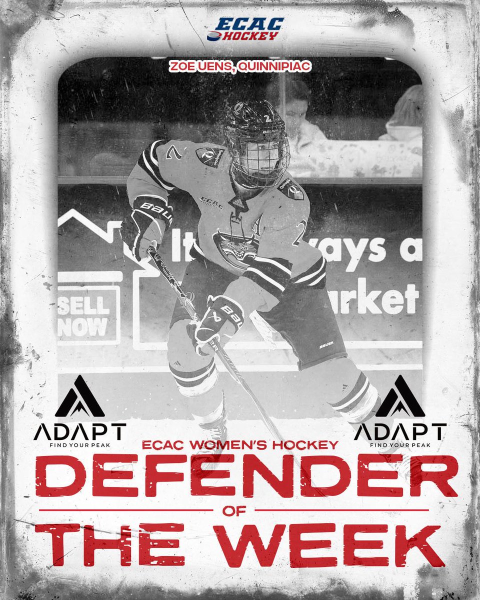 <a href="/bluebirdhotels/">Bluebird Hotels</a> <a href="/QU_WIH/">Quinnipiac Women's Ice Hockey</a> <a href="/bcgha/">Brampton Canadettes</a> <a href="/MGHLHurricanes/">Mississauga Hurricanes</a> ADAPT Nutrition (buff.ly/QTc8nkx) Defender of the Week Zoe Uens had two goals, four assists, and the game-winner contributing to <a href="/QU_WIH/">Quinnipiac Women's Ice Hockey</a>'s high-scoring weekend! 🔥😺

<a href="/JrIceWolves/">KGN Jr. Ice Wolves</a>