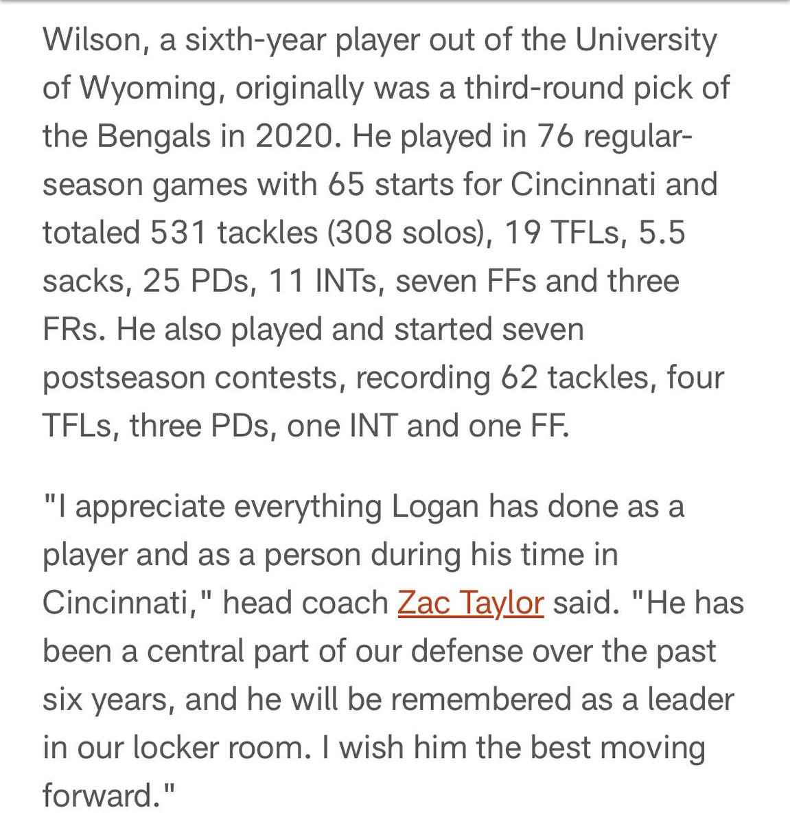 Bengals on trading LB Logan Wilson to Dallas, including comments from Zac  Taylor.