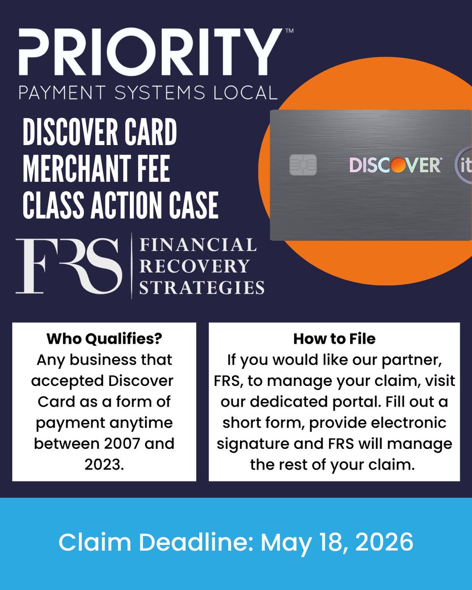 PPSLocal's tweet image. 💥 If your business accepted Discover payments between 2007–2023, you may qualify for part of a $1.2B settlement. Don’t wait—file your claim by May 18, 2026! @financialrecoverystrategies #PriorityPaymentsLocal
