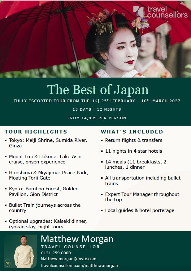 #Ad : 🌟 Luxury Travel Experts - Join us for an incredible journey through the highlights of Japan, fully escorted by our team from the UK along with local guides. 
📅 Places are limited, so message us if you're interested! 😁
📱 0121 259 0000  
📧 matthew.morgan@mytc.com
